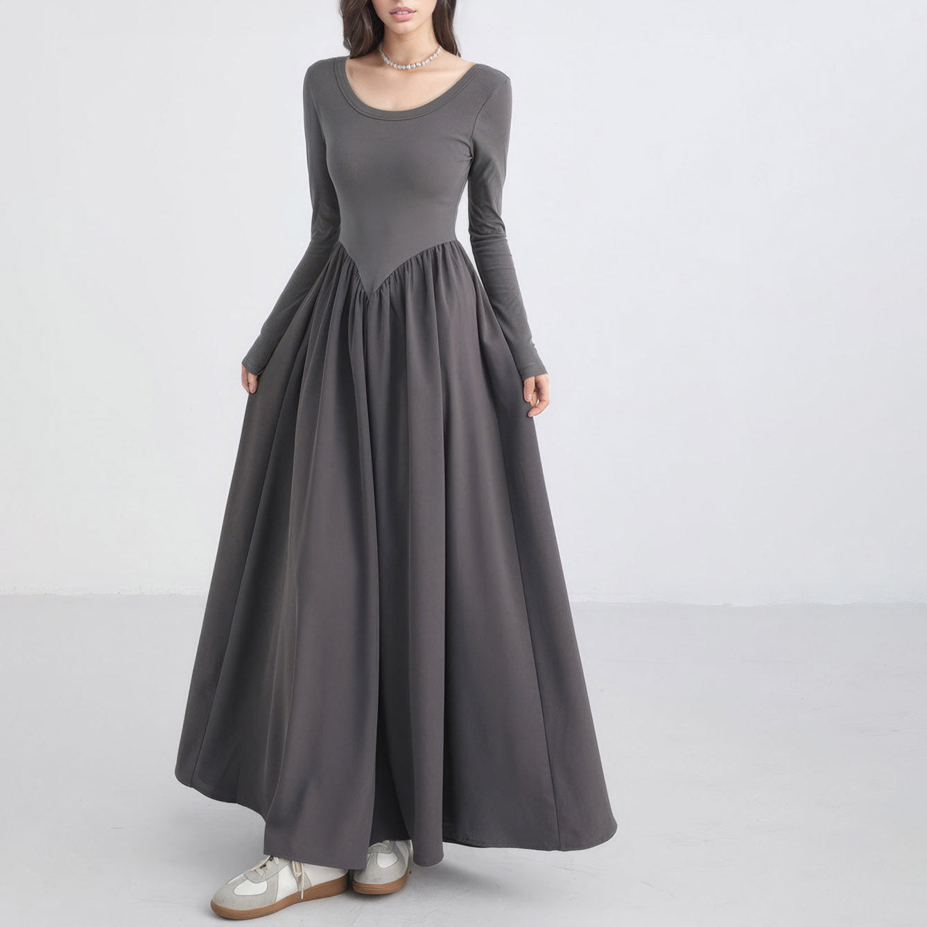 GREY MAXI DRESS with V WAISTLINE