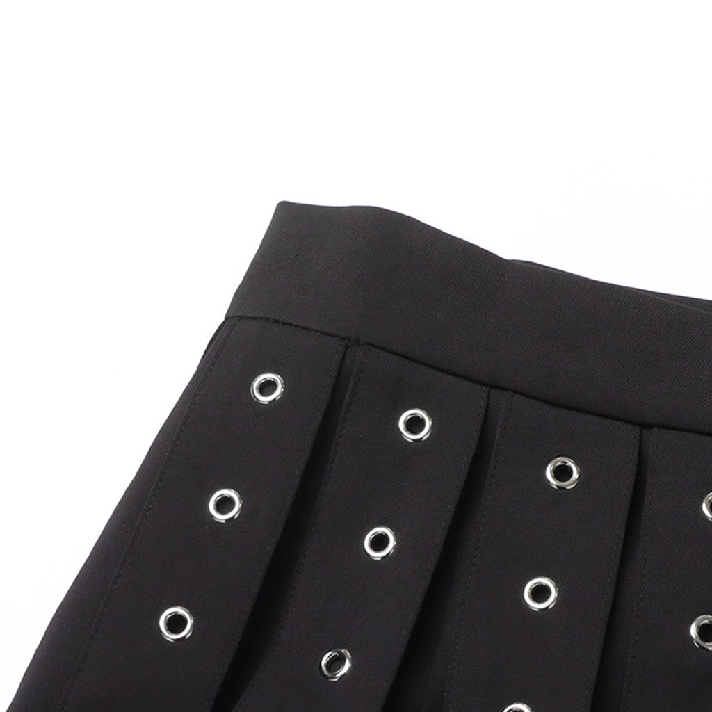 Grunge Solid Grommet Eyelet Strappy Buckle Belted A Line Skirt