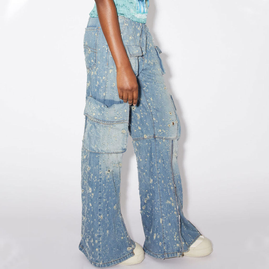 Pocket Size Rip Design High Street Ripped Cargo Pocket Zipper High Waist Straight Leg Denim J ...