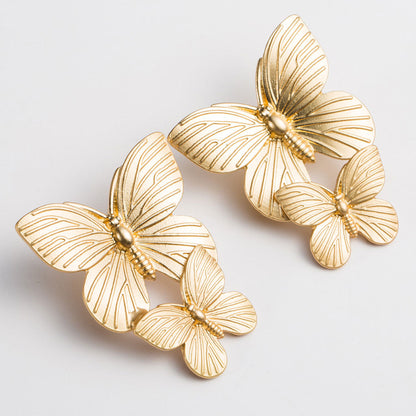 Intricate Metallic Double Butterfly Drop Earrings - Gold