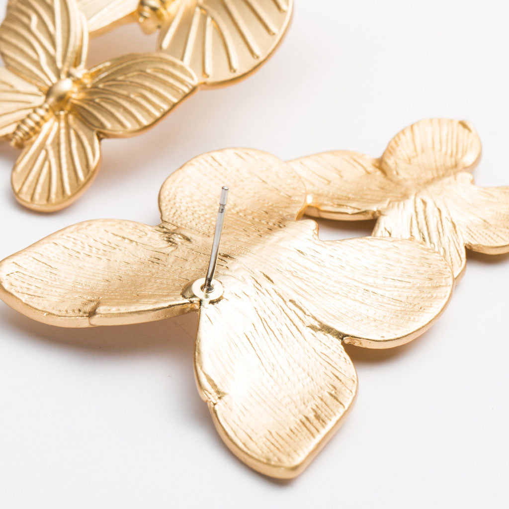 Intricate Metallic Double Butterfly Drop Earrings - Gold