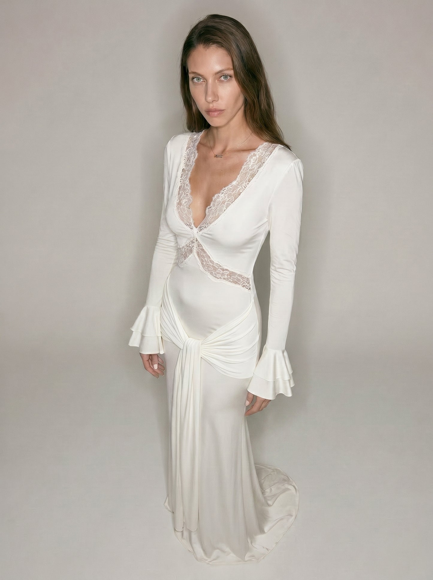Ivory Lace V Neck Maxi Dress – Long Sleeve Ruched Draped Evening Gown