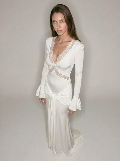 Ivory Lace V Neck Maxi Dress – Long Sleeve Ruched Draped Evening Gown