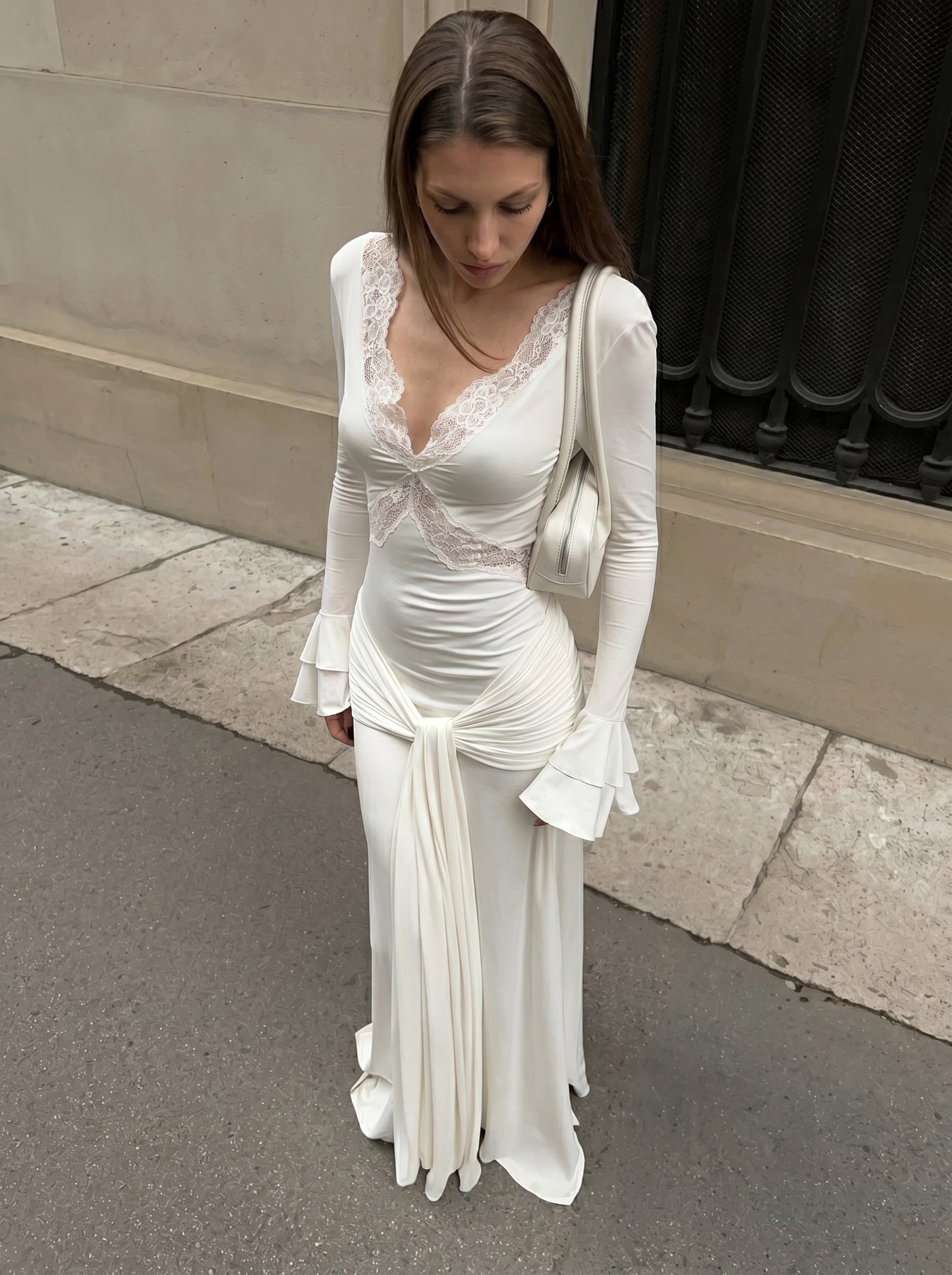 Ivory Lace V Neck Maxi Dress – Long Sleeve Ruched Draped Evening Gown