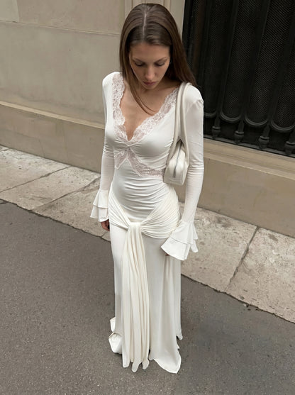 Ivory Lace V Neck Maxi Dress – Long Sleeve Ruched Draped Evening Gown