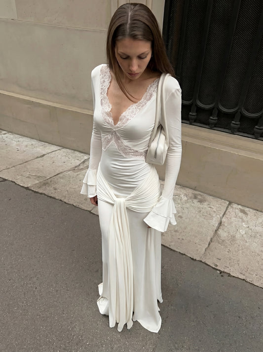 Ivory Lace V Neck Maxi Dress – Long Sleeve Ruched Draped Evening Gown