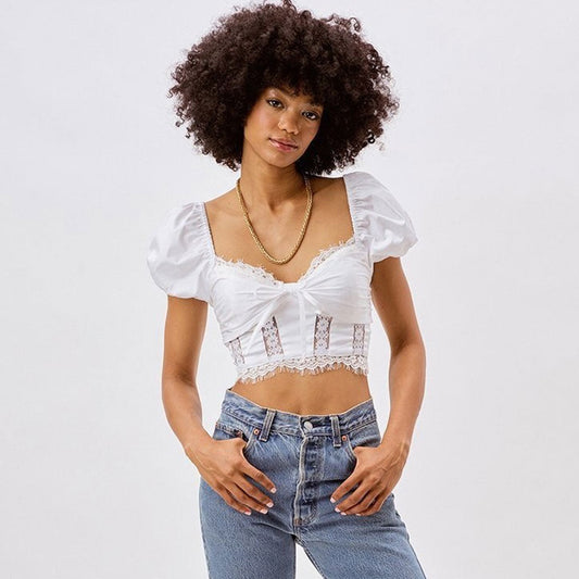 Lace Panel Smocked Back Tie Front Puff Sleeve Crop Top - White