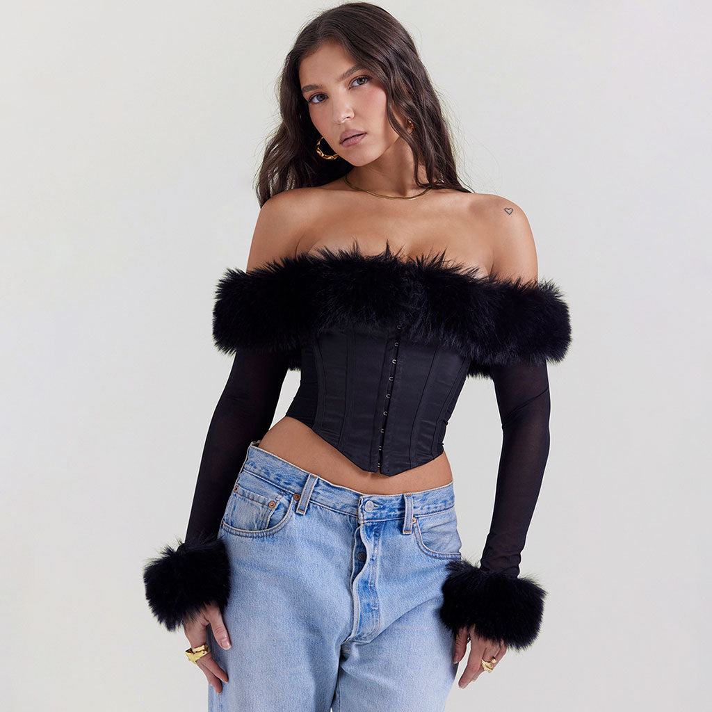 Lavish Faux Fur Trim Off The Shoulder Hook and Eye Long Sleeve Crop Corset Top