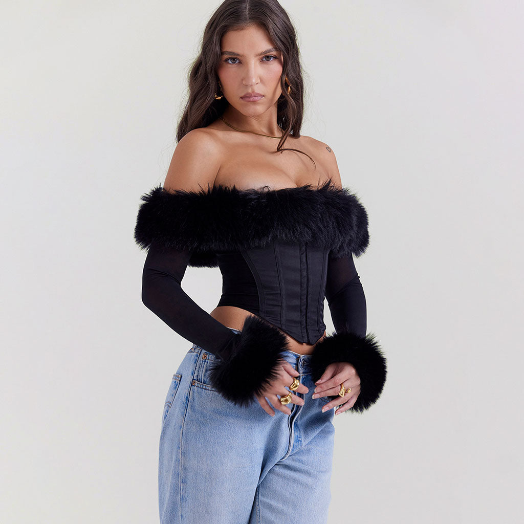 Lavish Faux Fur Trim Off The Shoulder Hook and Eye Long Sleeve Crop Corset Top