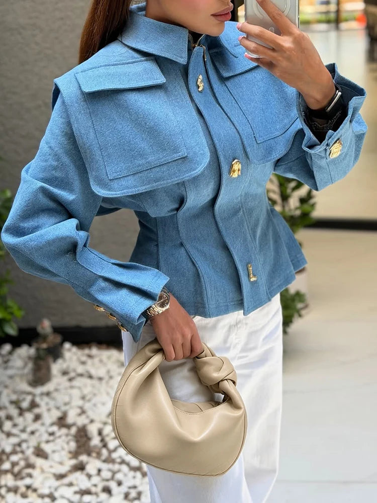 Structured Cinched-Waist Cropped Denim Jacket