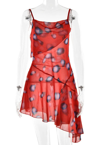 Sheer Print Mini Dress With Ruffle Hem
