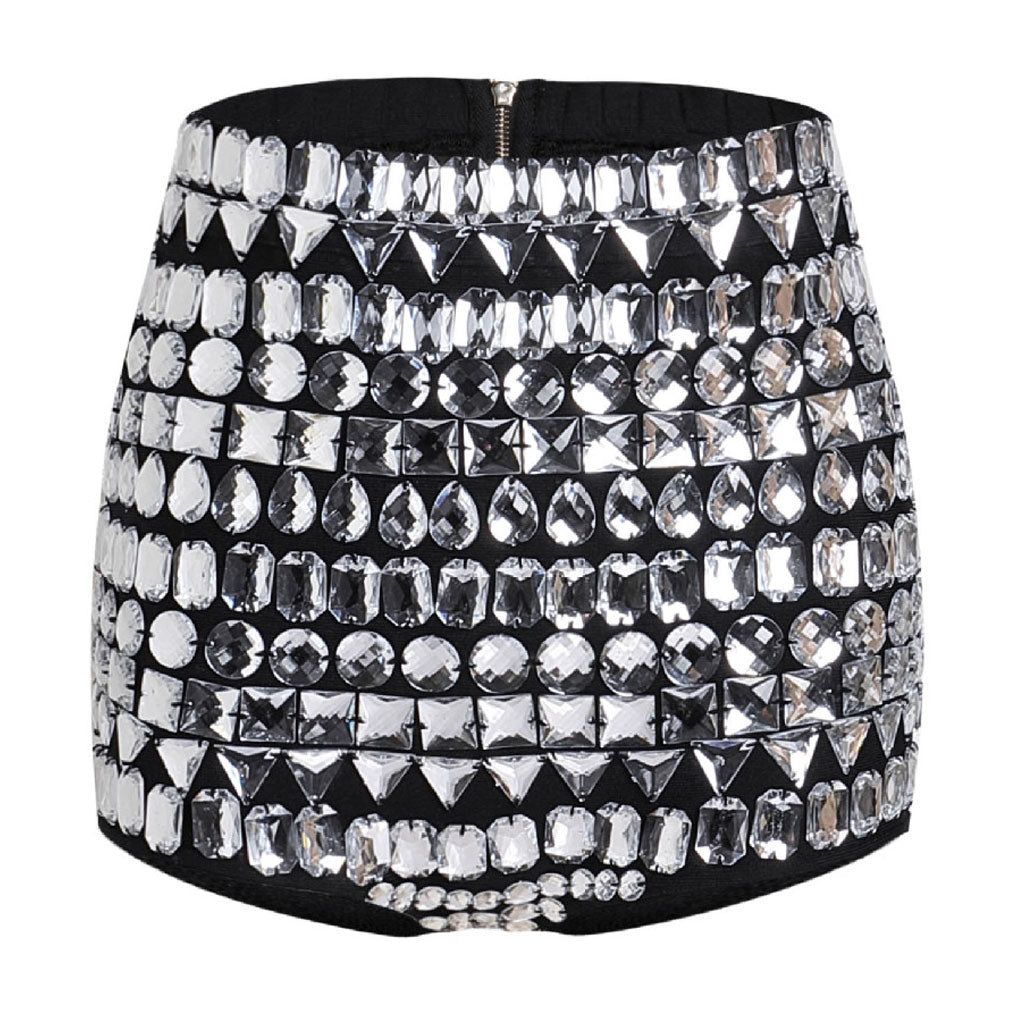 Luxurious Rhinestone Decor Zip Back High Waist Bandage Booty Shorts