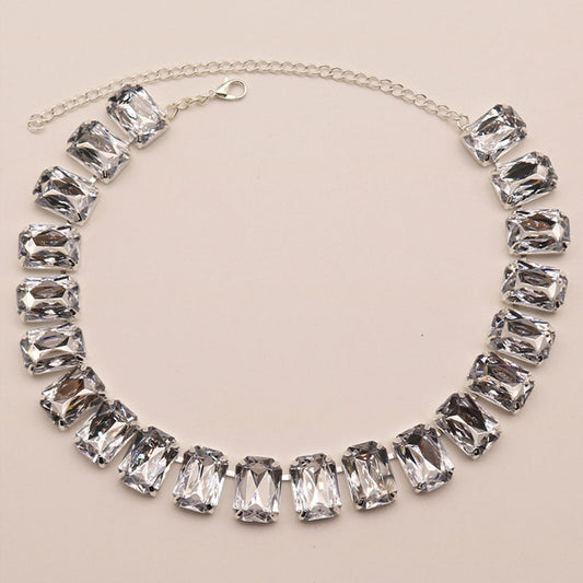 Luxury Emerald Cut Crystal Embellished Silver Plated Tennis Necklace - White