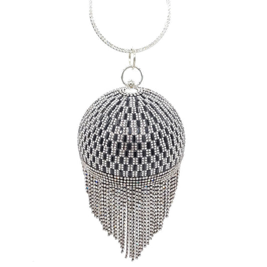 Luxury Rhinestone Embellished Fringe Round Party Clutch - Black