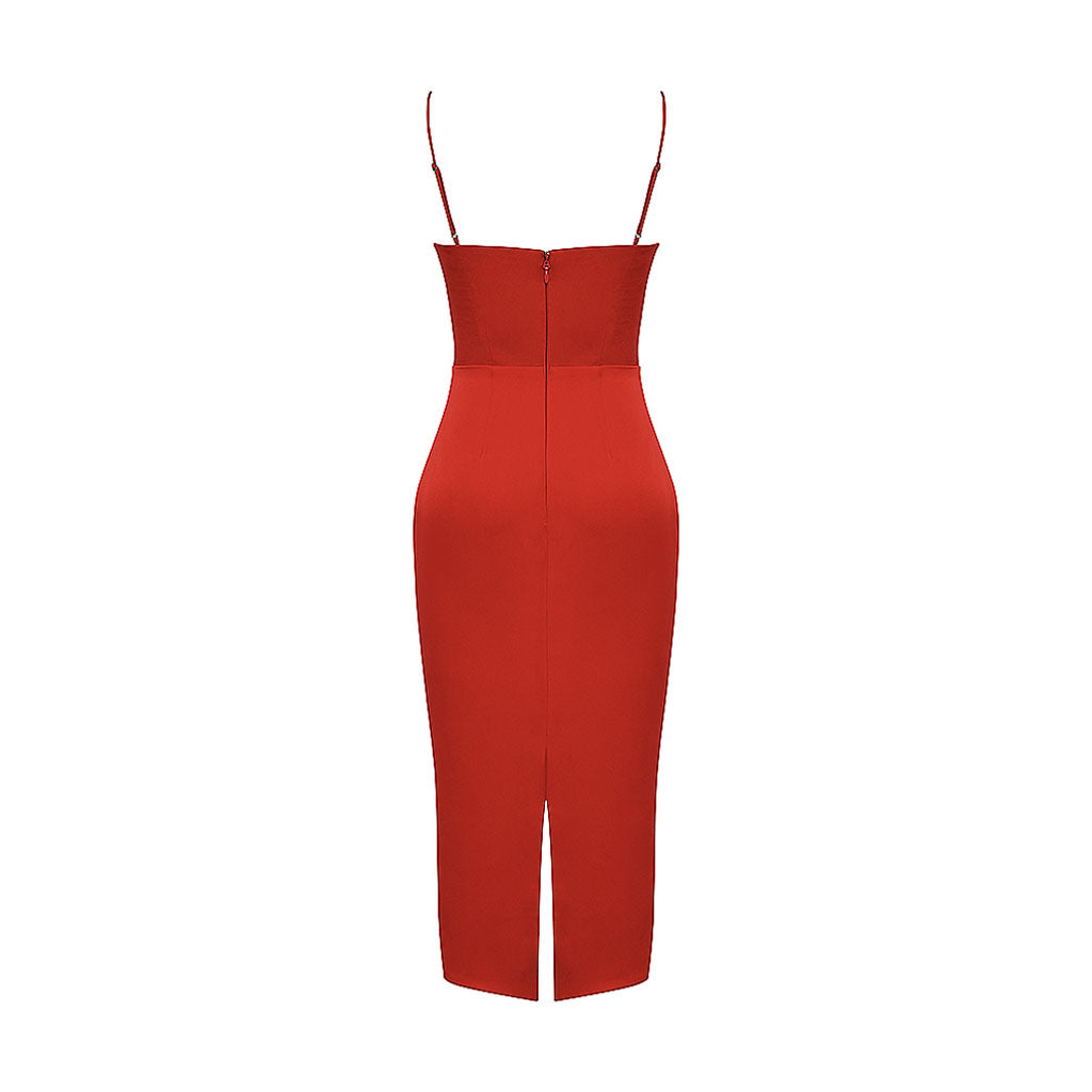 Luxury Square Neck Spaghetti Strap Satin Slip Midi Dress - Red