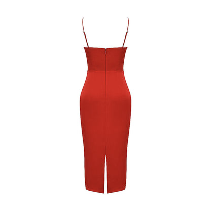 Luxury Square Neck Spaghetti Strap Satin Slip Midi Dress - Red