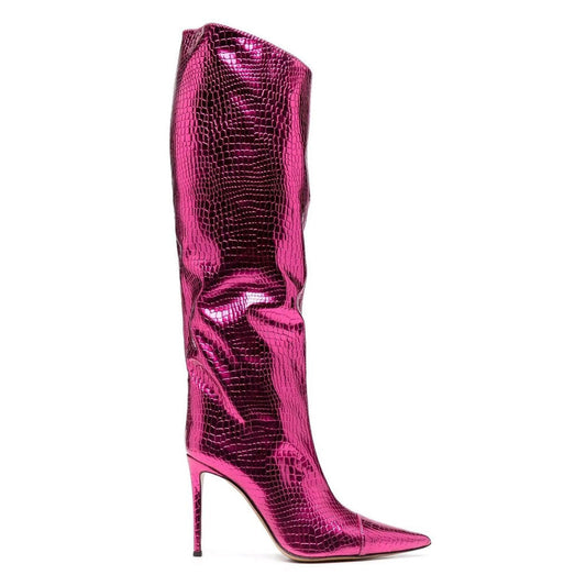 A fuchsia pink knee high stiletto boot with a pointed toe and snake effect embossing.