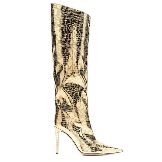 A gold metallic snake effect pointed toe knee high stiletto boot with a high heel.