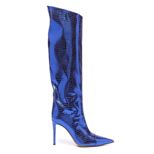 A pointed toe, knee-high stiletto boot with a metallic snake embossed decoration in Klein Blue color.