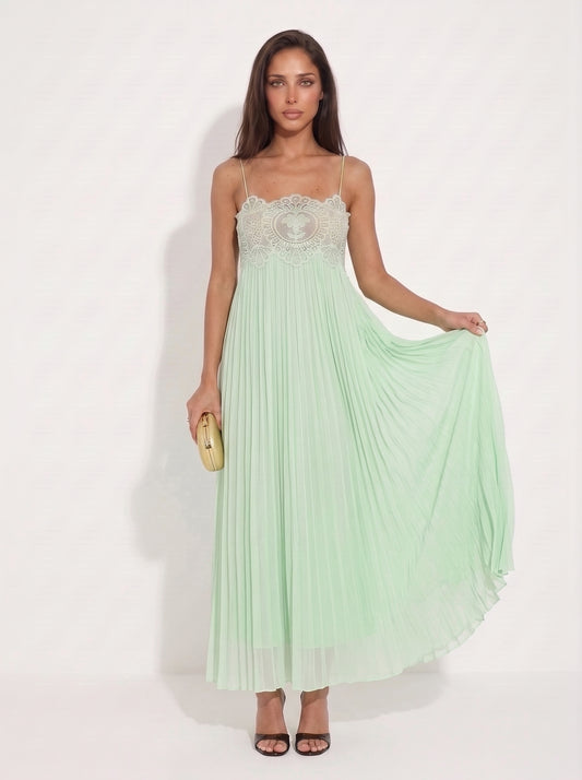Mint Green Lace Bodice Pleated Maxi Dress