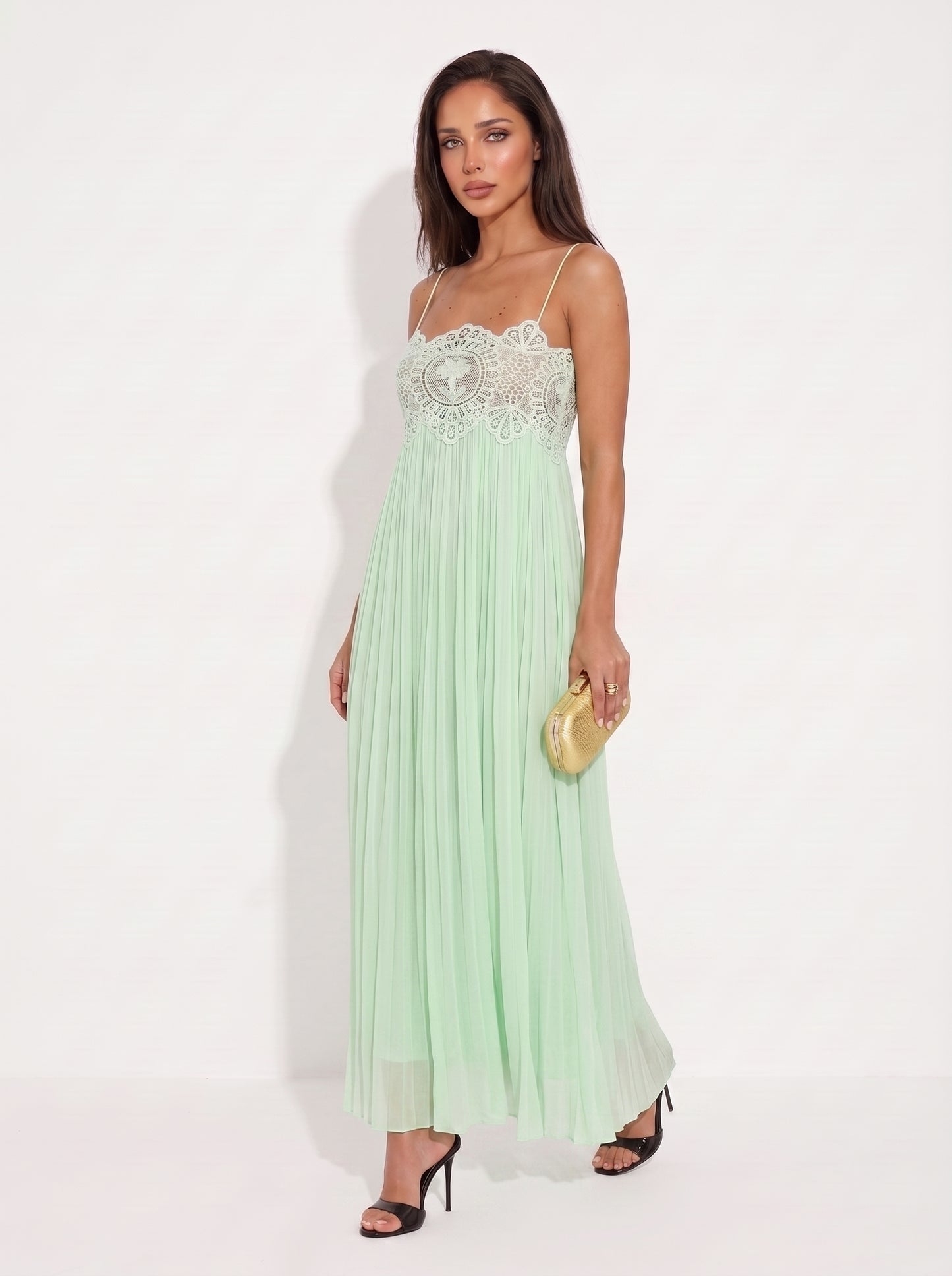 Mint Green Lace Bodice Pleated Maxi Dress