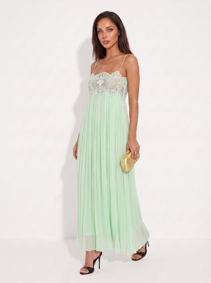 Mint Green Lace Bodice Pleated Maxi Dress