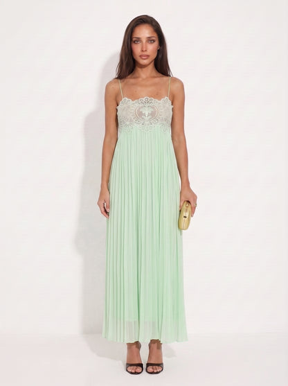 Mint Green Lace Bodice Pleated Maxi Dress