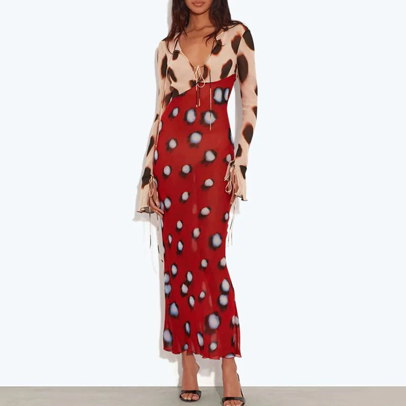 Mixed Print Lace Up Maxi Dress With Flared Sleeves
