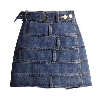 Modern Patchwork Buckle Belted High Waist A Line Mini Denim Skirt