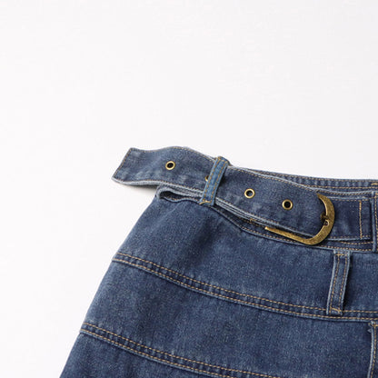 Modern Patchwork Buckle Belted High Waist A Line Mini Denim Skirt