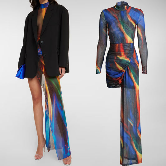 MULTI COLOR MINI DRESS with SIDE TRAIN