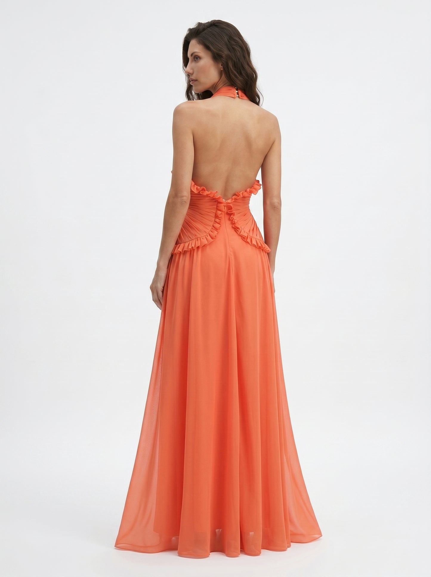 Orange Backless Halter V Neck Ruffles Patchwork Maxi Dress