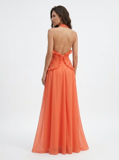 Orange Backless Halter V Neck Ruffles Patchwork Maxi Dress