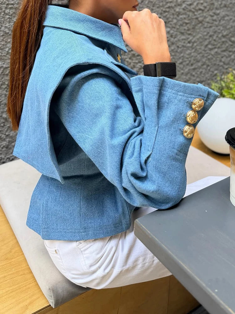 Structured Cinched-Waist Cropped Denim Jacket