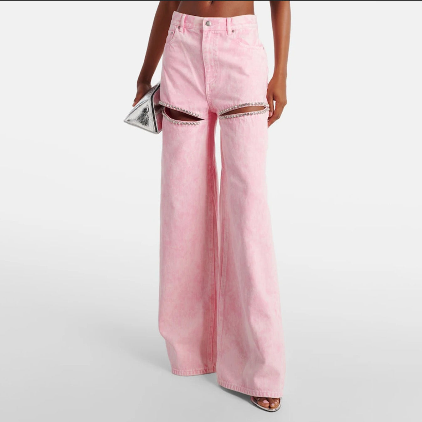 PINK HIGH WAIST DENIM TROUSERS SPLICED DIAMONDS HOLLOW OUT