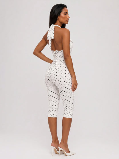 White Polka Dot Halter Jumpsuit Backless Corset Capri Romper