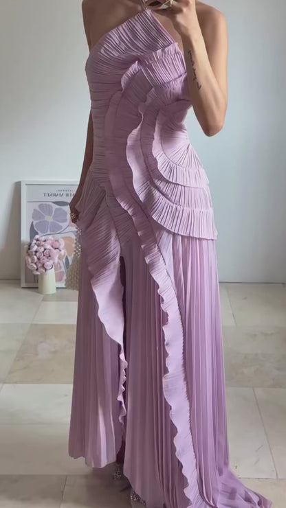 Lavender One-Shoulder Ruffled Maxi Dress – Elegant Pleated Backless Gown for Evening Events
