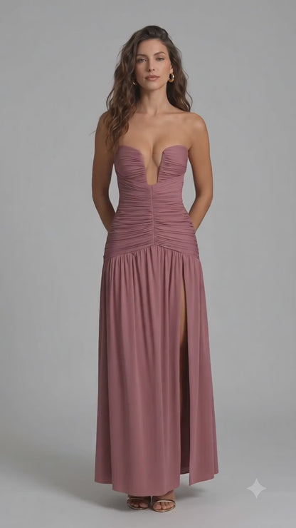 Elegant Deep V Strapless Ruched Maxi Dress