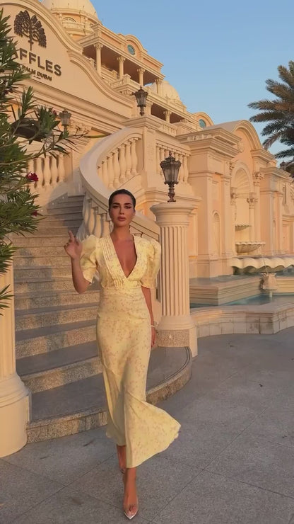 Blush Pink Polka Dot Maxi Dress with Puff Sleeves and Deep V-Neck