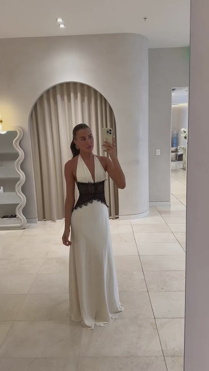 Elegant Backless Halter Maxi Dress with Lace Waist – Deep V Neck Sleeveless Summer Gown