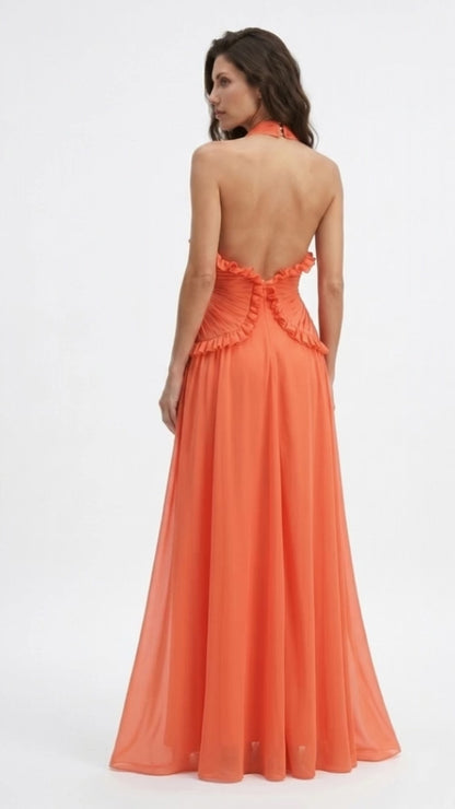 Orange Backless Halter V Neck Ruffles Patchwork Maxi Dress
