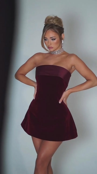 Velvet Strapless Mini Dress for Women – Backless Sexy A-line Party Outfit | Wine Red / Black