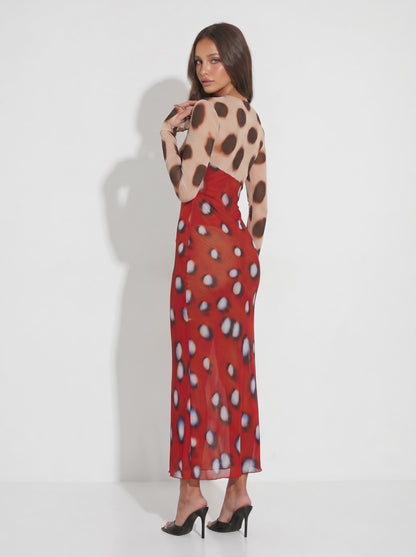 Mixed Print Lace Up Maxi Dress With Flared Sleeves