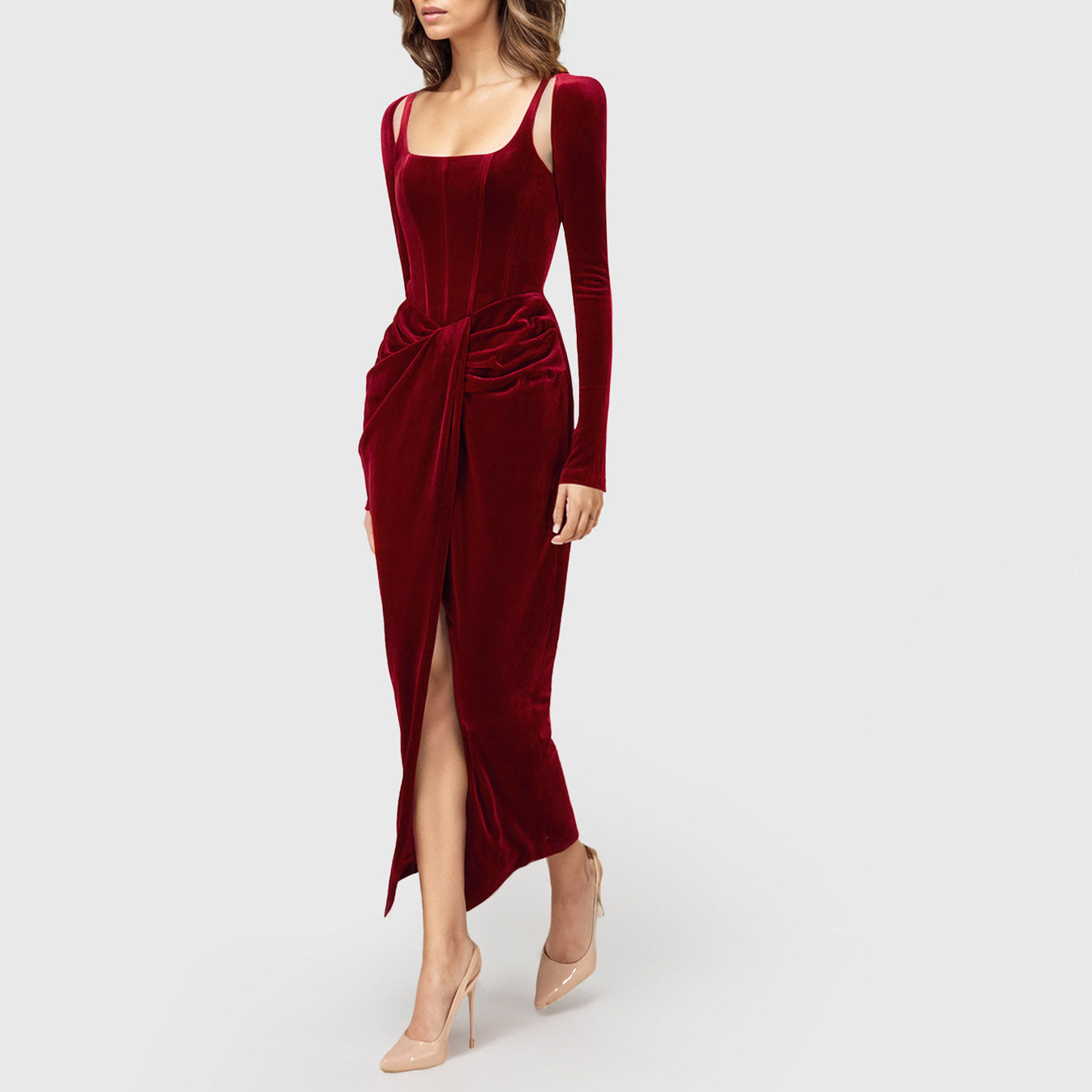 DARK RED MIDI DRESS with CORSET LONG SLEEVES and FRONT SLIT