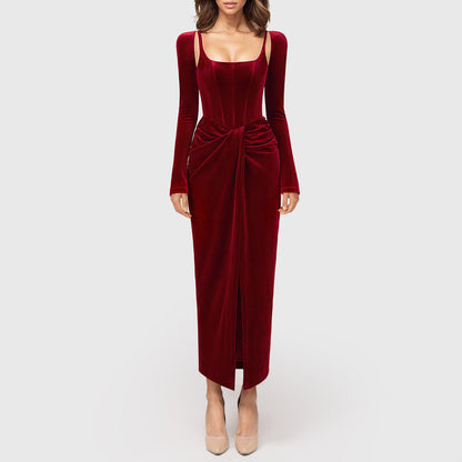 DARK RED MIDI DRESS with CORSET LONG SLEEVES and FRONT SLIT