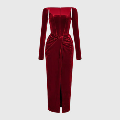 DARK RED MIDI DRESS with CORSET LONG SLEEVES and FRONT SLIT