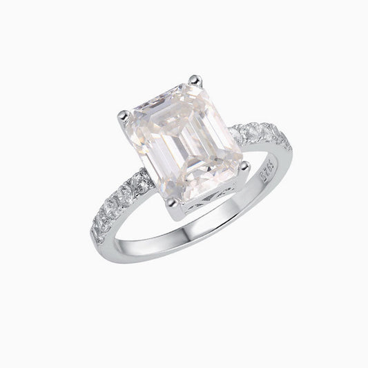 Rhodium Plated Sterling Silver Emerald Cut Moissanite Half Eternity Ring