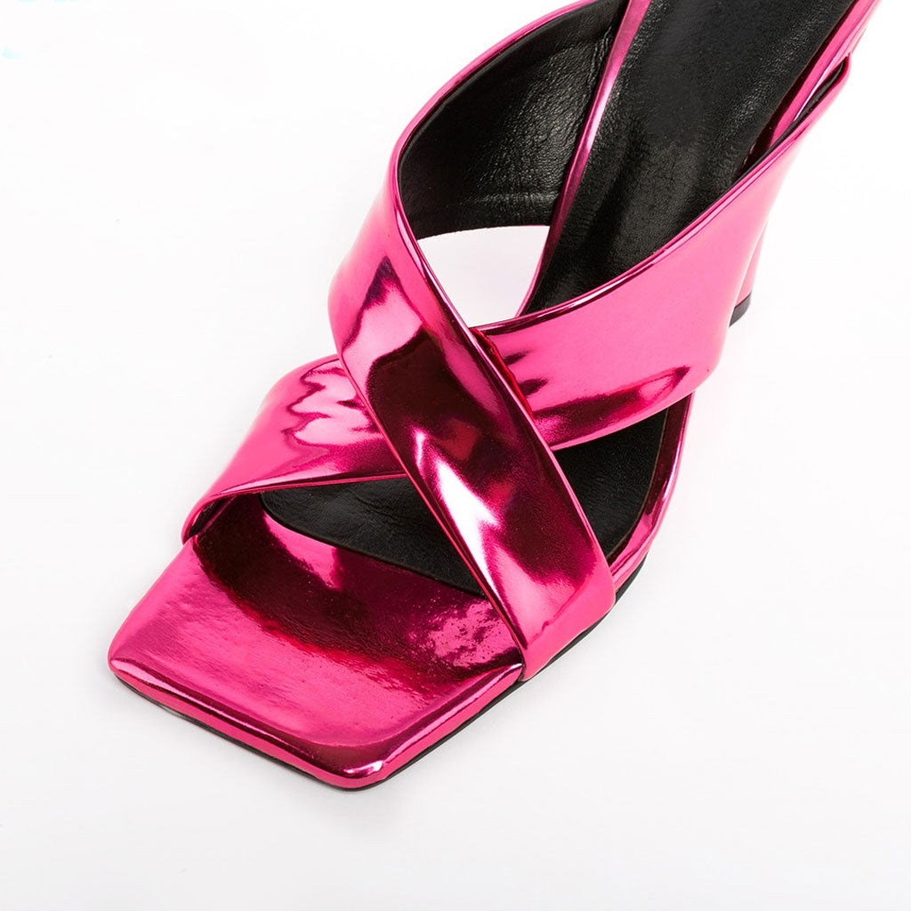 Sassy Cross Strap Patent Leather Square Toe Wedge Mules - Fuchsia