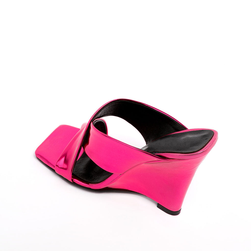 Sassy Cross Strap Patent Leather Square Toe Wedge Mules - Fuchsia