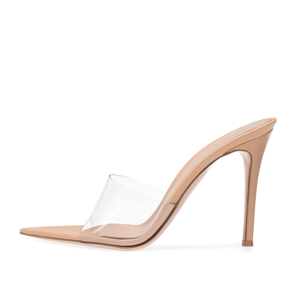 Sensual Clear PVC Pointed Toe Stiletto Mules - Apricot